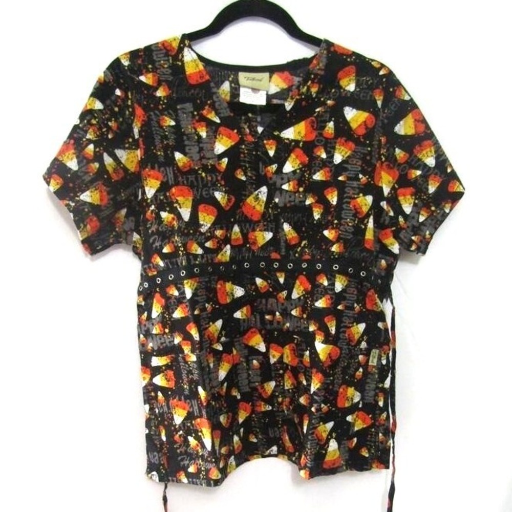 Tafford Scrub Top Small Black Candy Corn Happy Halloween 100% Cotton Nurse